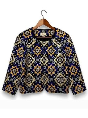 Ann Taylor LOFT Blue Gold Tapestry Jacket Jacquard Open Front Cropped L